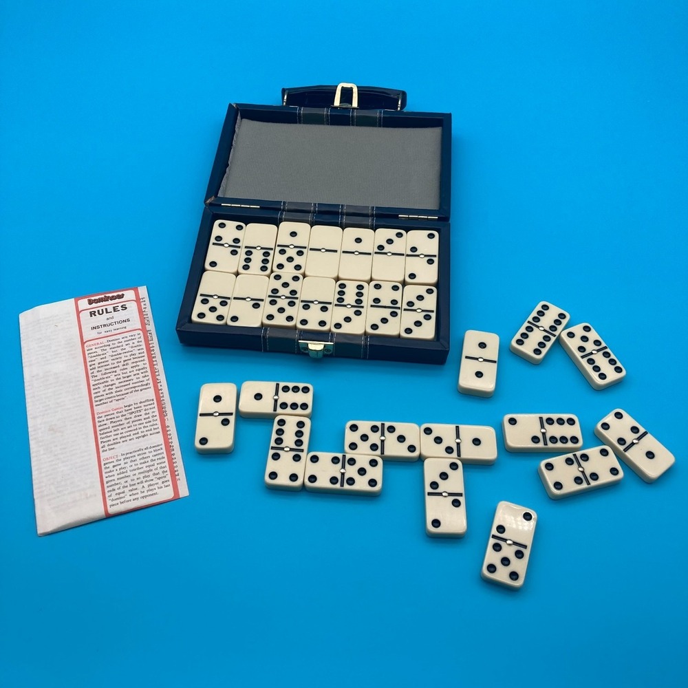 Vintage Double Six Dominoes Set in Faux Leather Case